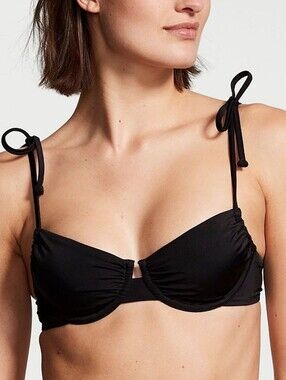 Victoria's Secret Black Tie-Shoulder Underwire Bikini Top with Ruching